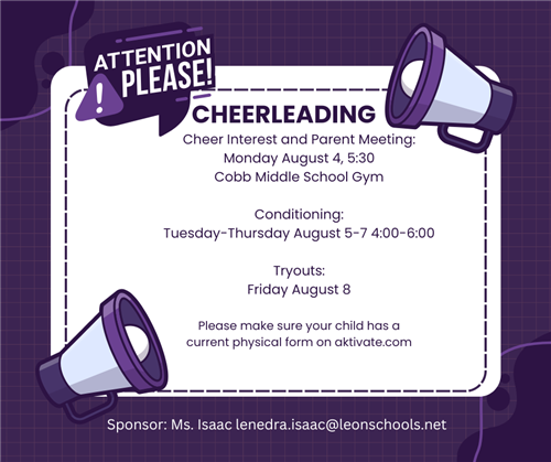 Cheer interest meeting Aug. 4 @ 5:30 in gym